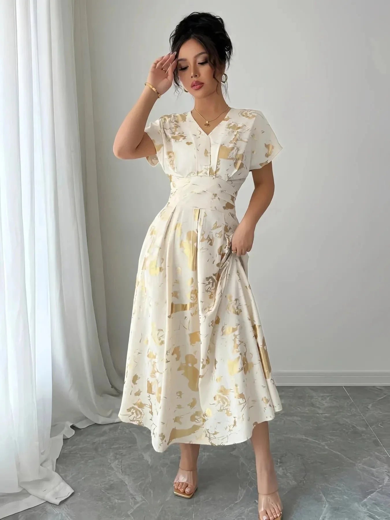 Printed V - Neck Short Sleeve Dress - VILLA FASHION